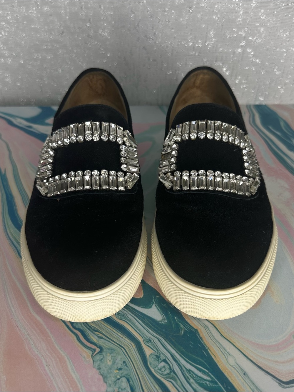 Karl Lagerfeld Black Velvet Slip-On Sneakers with Crystal Buckle Detail